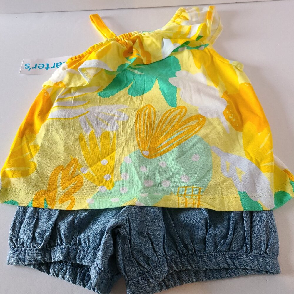 CARTER'S GIRLS 2-PIECE FLORAL ASYMMETRICAL TANK TOP AND CHAMBRAY SHORTS SIZE 3 T